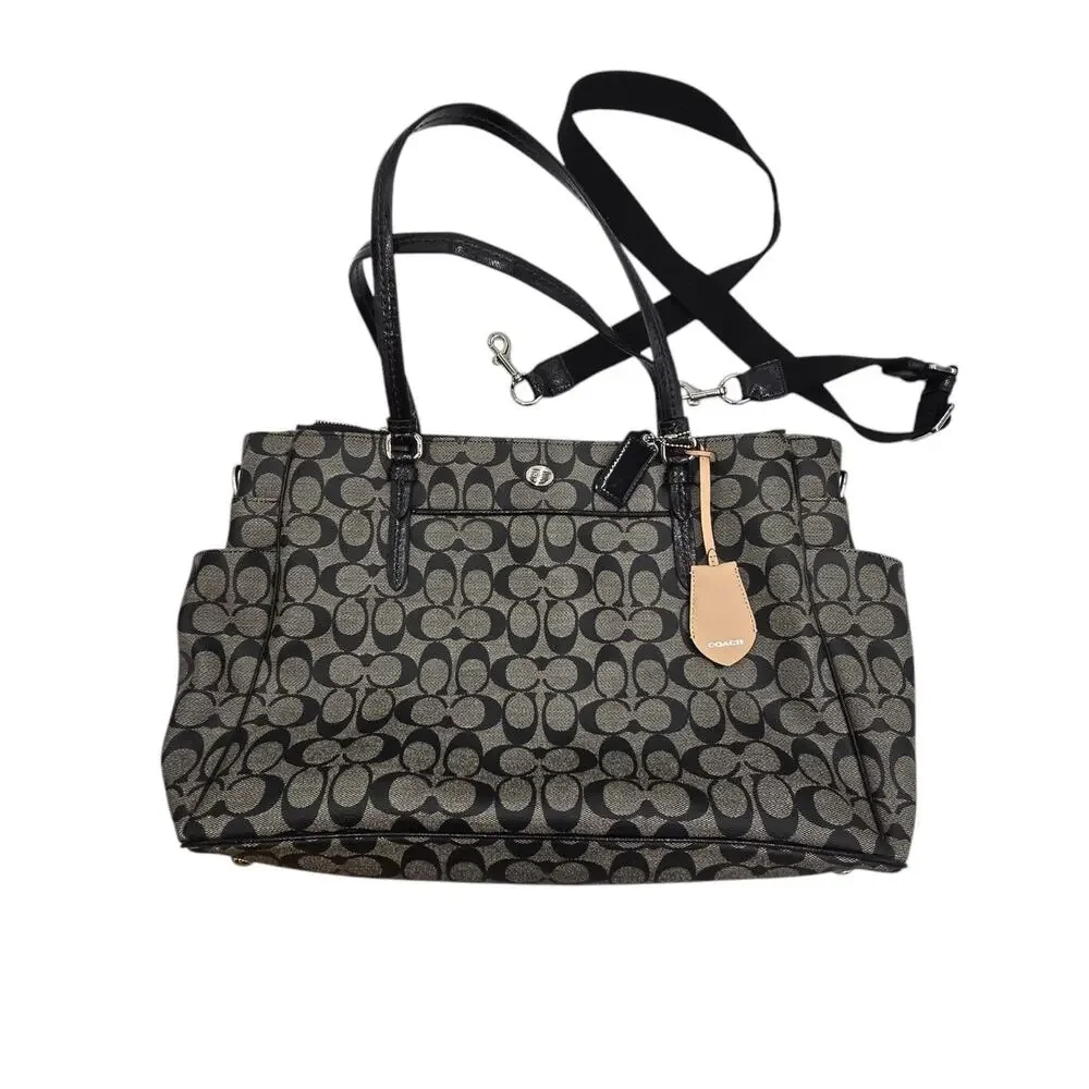 COACH Peyton Black Logo Coated Travel Tote Baby Diaper Bag F25741 Pockets GUC